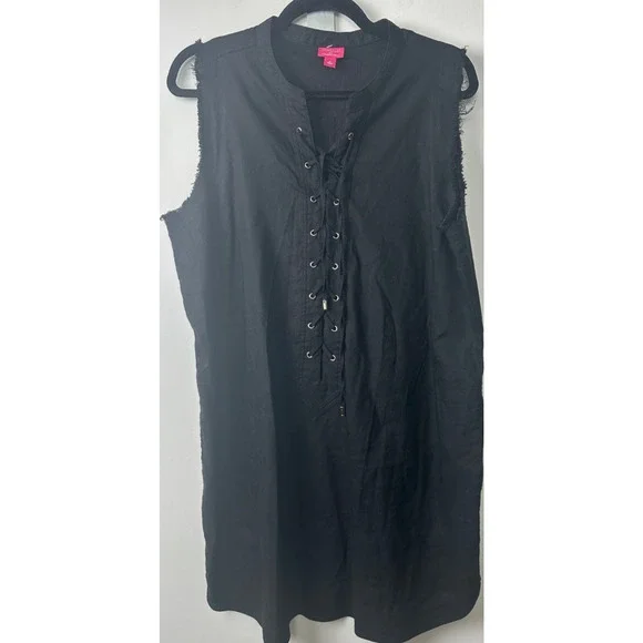 Trina Turk x I.N.C. Linen Blend Lace-Up Dress BLACK XL POCKETS Casual Slvls A42 - Picture 2 of 8